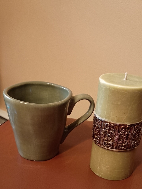 Other - Green Ceramic Coffee Mug And Pillar Candle Bundle